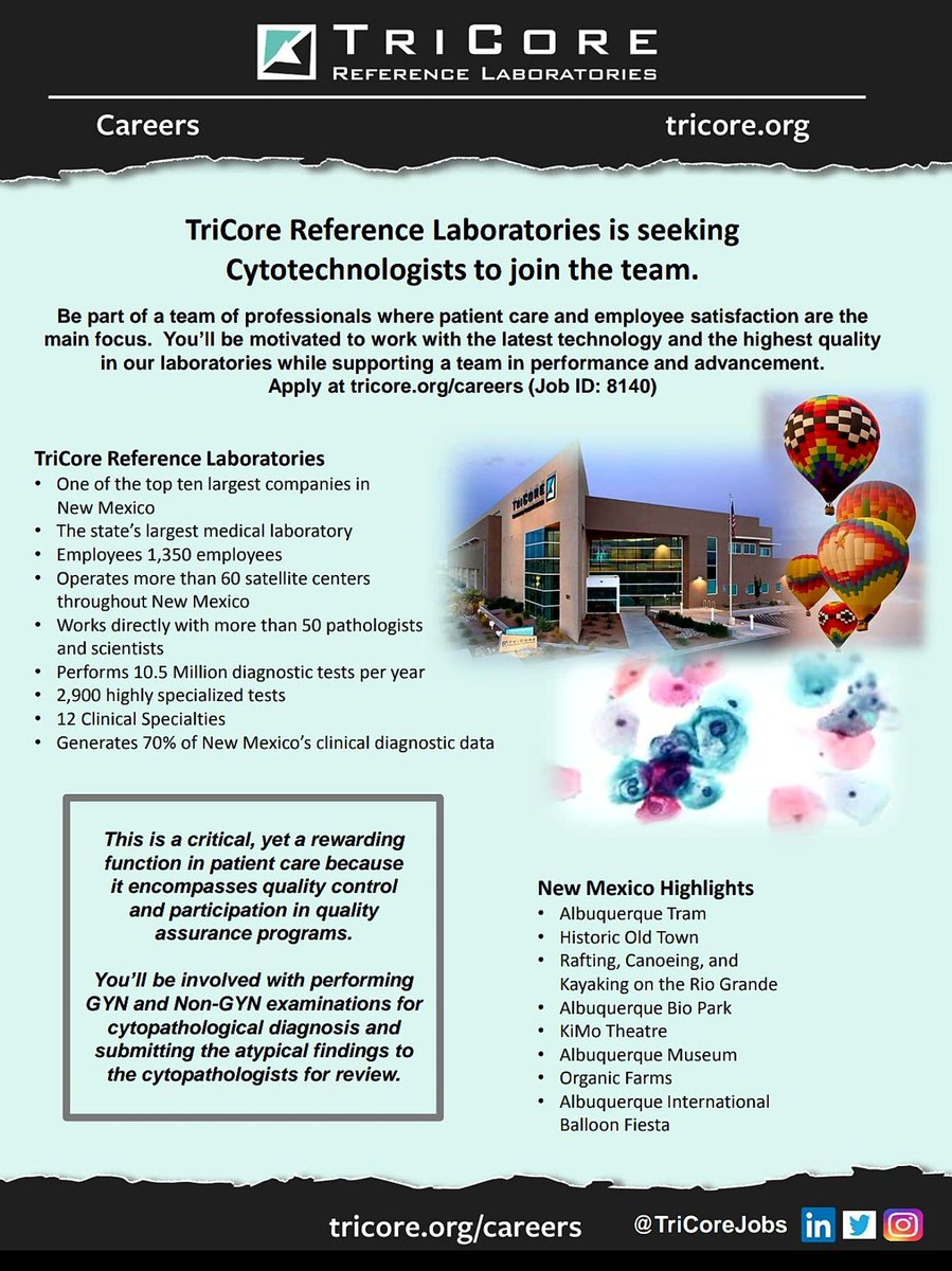 There are many reasons to move to New Mexico, including the potential to work at TriCore Reference Laboratories as a #cytotechnologist.  Learn more and apply at tricore.org/careers. (Job ID: 8140)#cytotech #clinicallab #newmexicojobs #newmexico