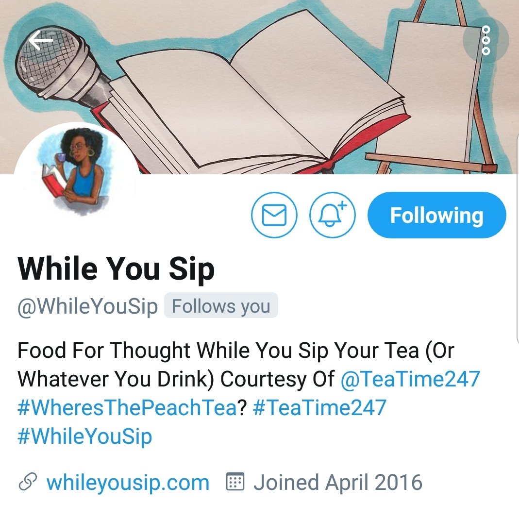 TeaTime247's tweet photo. If you enjoy singing, poetry, short stories, dancing, or anything else artistic, you should take a look at @WhileYouSip
#WhileYouSip
#WheresThePeachTea? #TeaTime247 https://t.co/dEpq8ZC47b