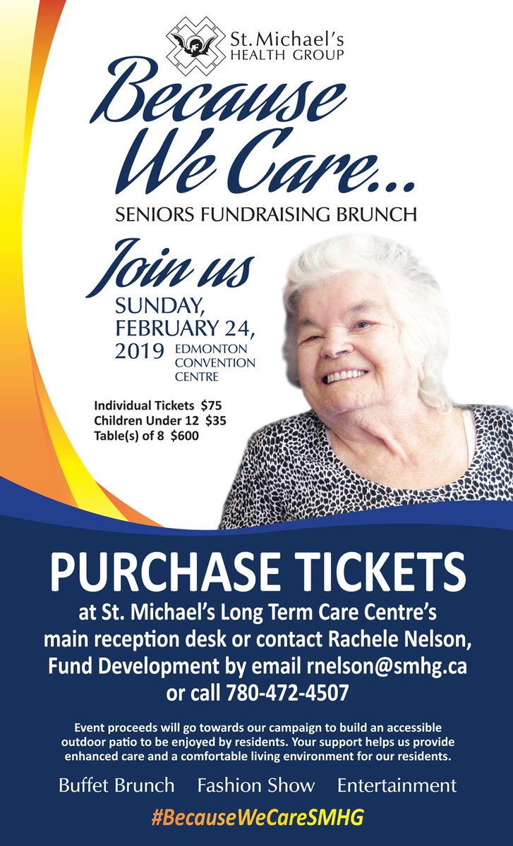SMHG's tweet image. Join us! ‘Because We Care Seniors Fundraising Brunch’ February 24, 2019 as we raise funds to support our residents. Tickets please contact Rachele Nelson rnelson@smhg.ca or call 780-472-4507 Also purchase tickets at St. Michael’s LTCC’s main reception desk bit.ly/2ATicVi