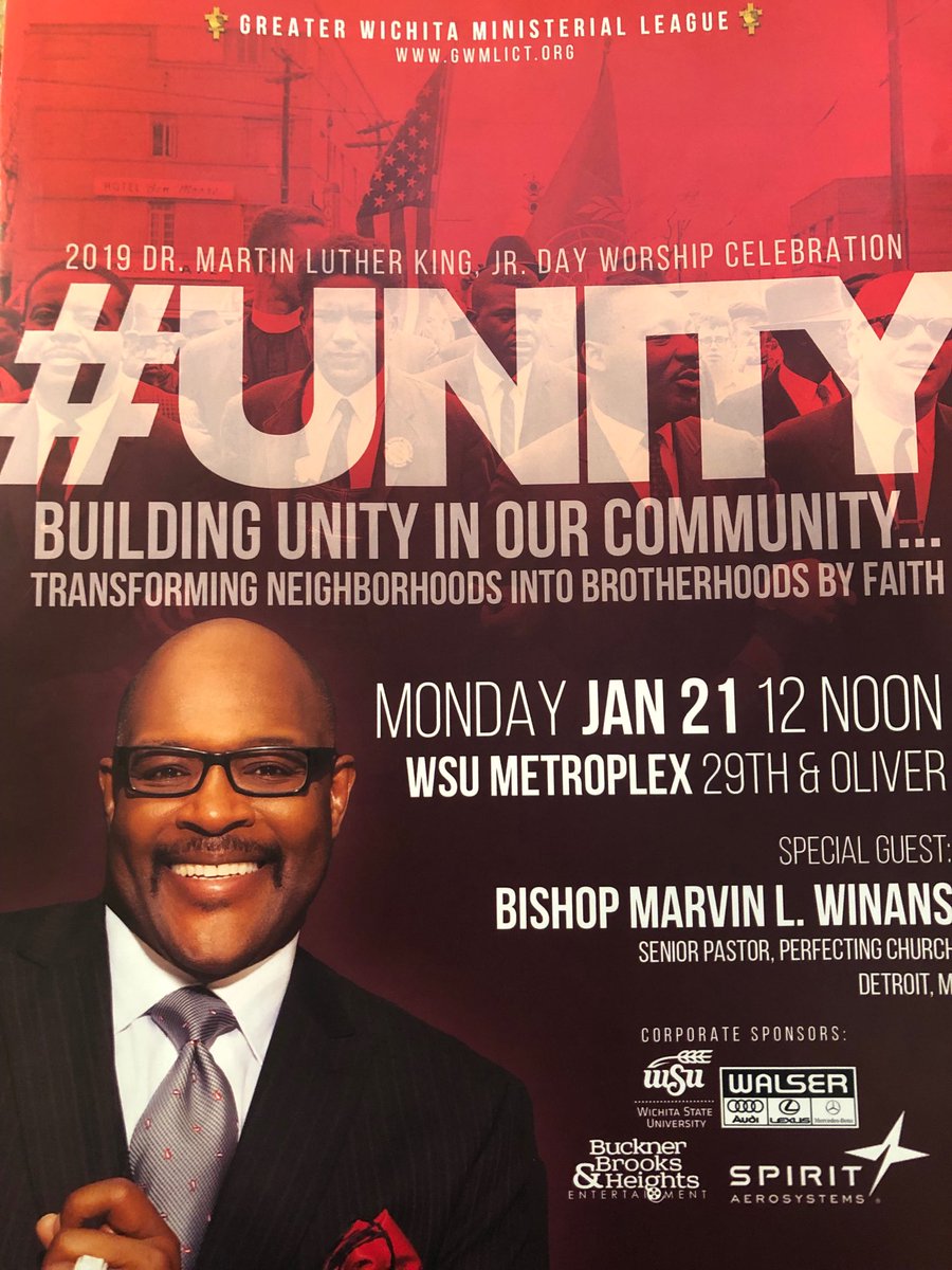 WSU_Provost's tweet photo. Capped off #mlkweekend2019 ⁦@WichitaState⁩ #Unity #Celebration with ⁦⁦@LynnRogers4KS⁩ ⁦⁦@oletha29⁩ ⁦@RepFinney⁩ ⁦@jefflongwellict⁩ ⁦@BJohnsonICT⁩ ⁦@chieframsay⁩ ⁦@AThompson259⁩ ⁦@WSUDiversity⁩ #wsunow https://t.co/qnXADpPysH