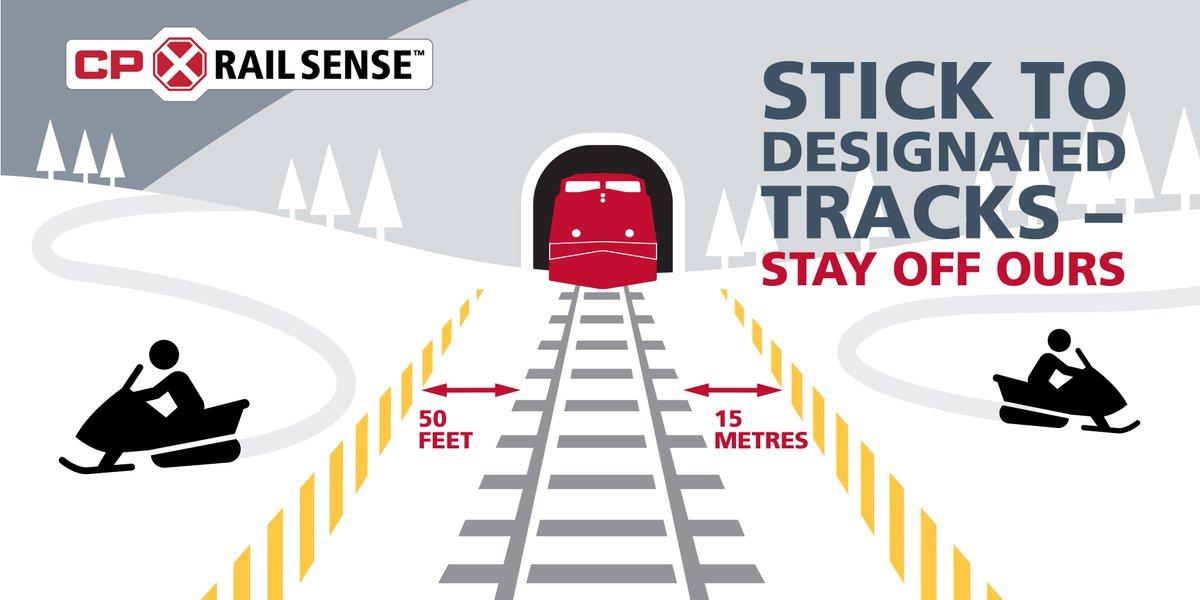 CPKCrail's tweet photo. Did you know every winter CP employees witness snowmobilers using our private right-of-way, or worse, our tracks as paths? For #InternationalSnowmobileSafetyWeek, we are reminding snowmobilers to have #CPRailSense to avoid preventable incidents with trains. #STOPTrackTragedies https://t.co/xTHpFE5Vle