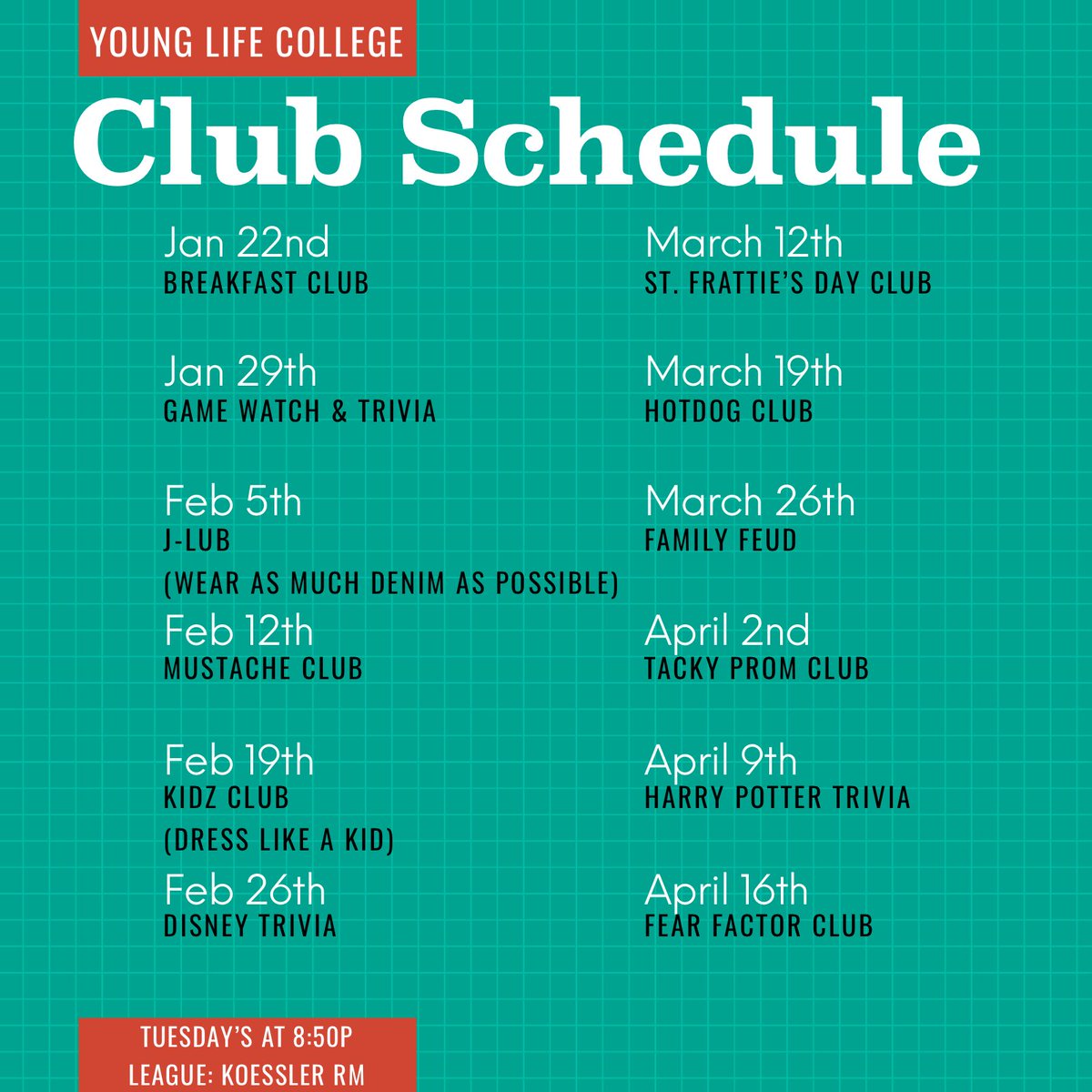 YLCumich's tweet photo. Save the dates! We are spicing up the Winter with some themed  @YLCumich this semester. Come take a break from the busyness of life and have a little fun on a Tuesday night!  Comment below on your favorite one! https://t.co/bT9GWYPDCu