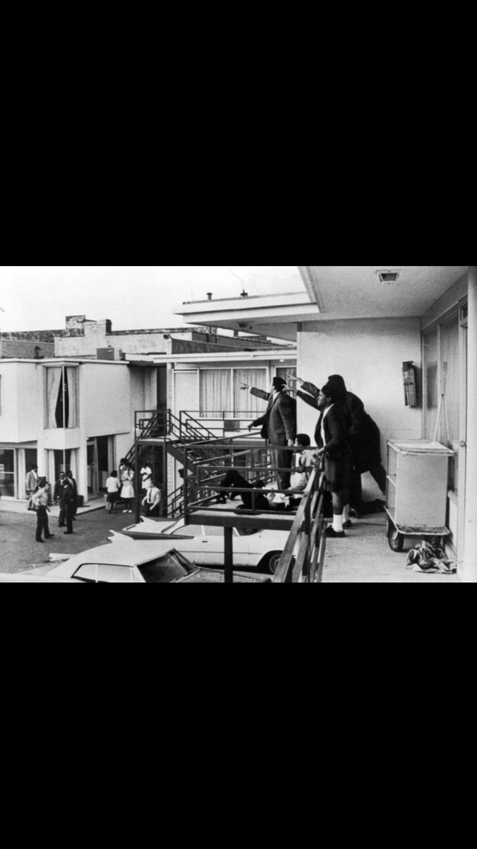 Witnesses Pointing Up After  #DrKing Was Assassinated Thought The Bullet Came From A Window At The Bar Across From The Lorraine Hotel But Memphis PD Inspector Sam Evans Said He Got A Call Demanding That Bushes On The Side Of The Bar Be Mowed Down The Morning After  #MLKDay  