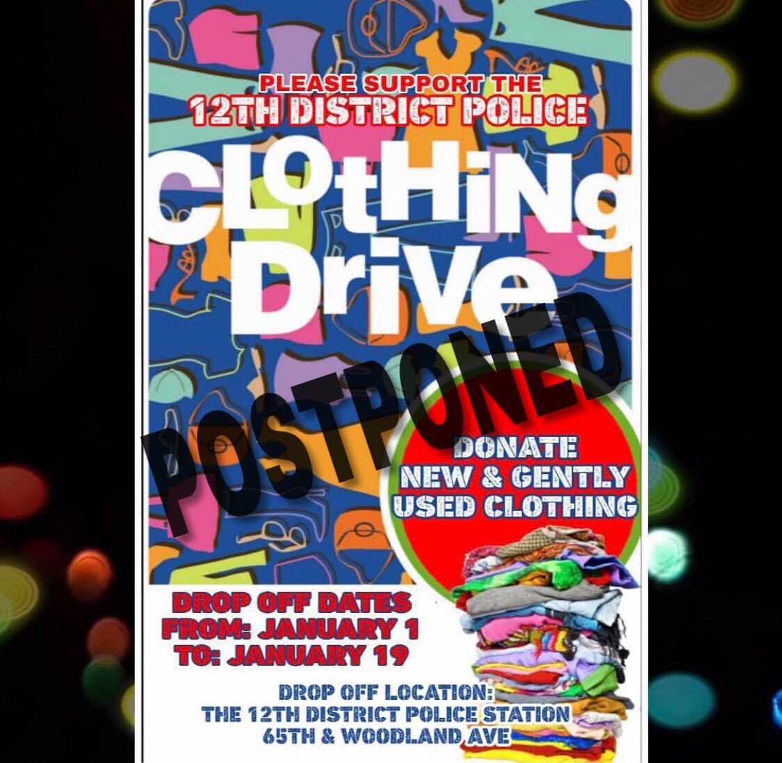 Due to the Inclement Weather, the Clothing Drive will Be Postponed to a later Date.  Sorry for the inconvenience.  For more information call 215-686-3122
