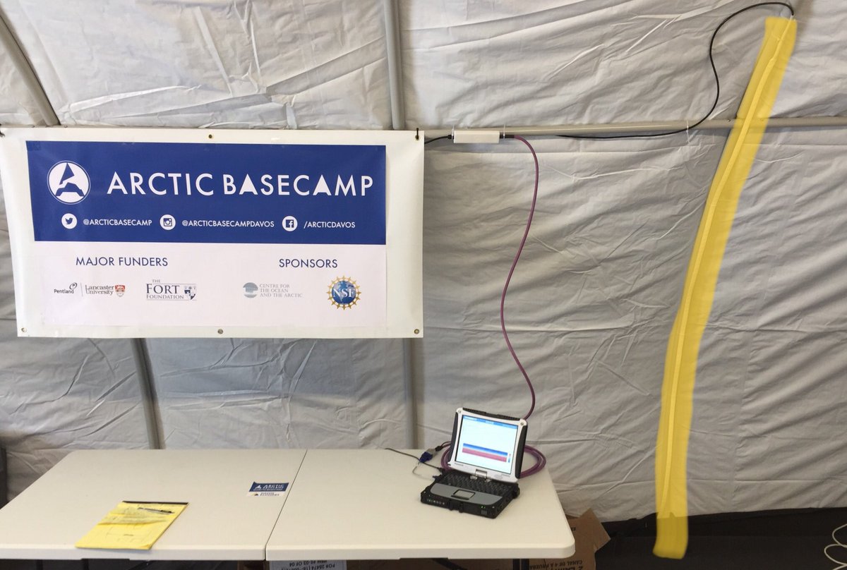 BruncinLtd's tweet photo. Our digital temperature sensor string (highlighted in yellow) is showing the vertical temperature profile within the @ArcticBasecamp tent in real time. Stop by to see how warm your hands are! #Davos19 #ArcticCalling #ArcticMatters #WEF19 #2020dontbelate https://t.co/UotlT3AgoK
