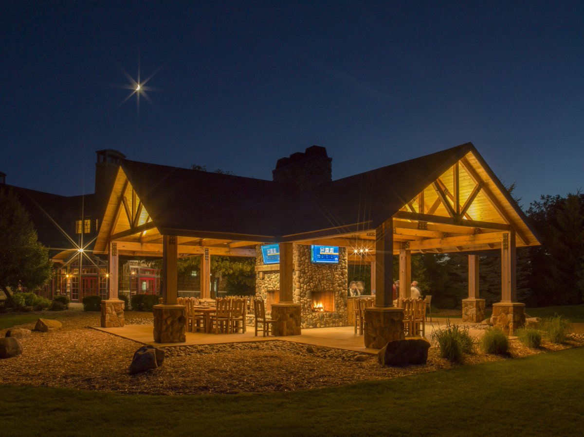 forestdunesgolf's tweet photo. The pavilion is a perfect ending to a great day of golf at Forest Dunes. Three wood burning fireplaces, big screen TVs and a full service bar can all be enjoyed underneath a bowl of bright northern Michigan stars. https://t.co/0azKpgjusj