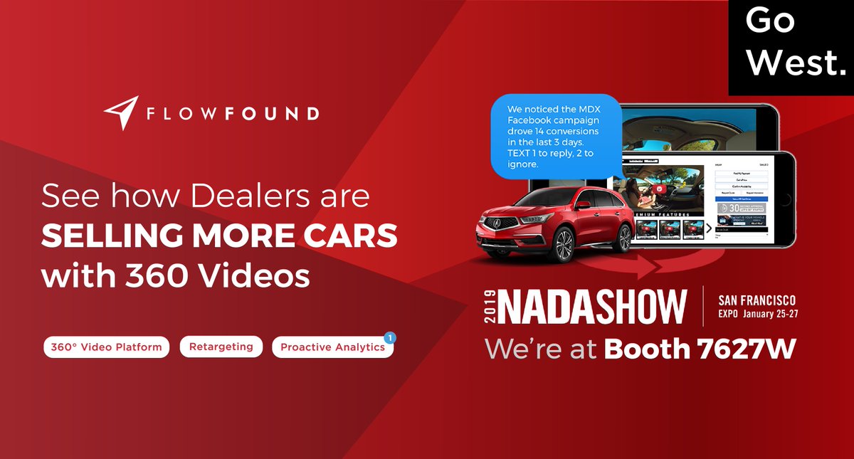 Visit us at Booth #7627W to see how #dealers are selling more cars with #360videos. Don't wait, schedule your demo before it's too late! &gt;&gt; flowfound.com/nada2019.html #NADA2019 #FlowFound