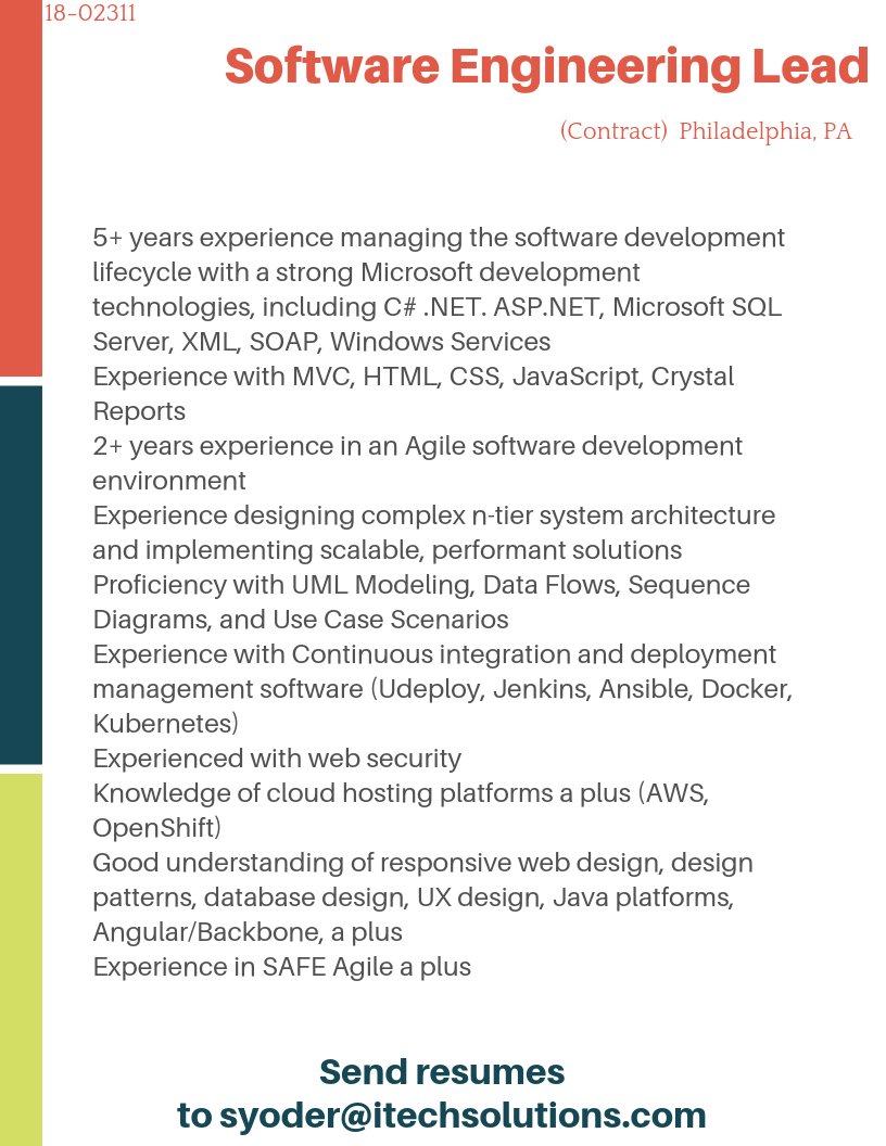 iTechSolutions_'s tweet photo. We have an opening for a Software Engineering Lead for a Contract position in Philadelphia, PA. #SoftwareEngineeringLead #SoftwareEngineerLead #SoftwareEngineeringLeadJobs #ITjobs #HotJobs #PAjobs #PhiladelphiaJobs #PennIT #PhillyJobs #PhillyIT
https://t.co/7hA2Wrjg8u https://t.co/gRclzygjIo