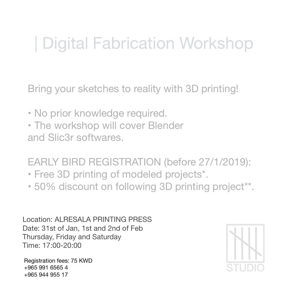 | Registration is now open! 
Release your ideas from rough sketches to tangible 3D printed objects. The workshop will cover:
• Basic hand modeling.
• Introduction to Blender 3D modeling software.
• Introduction to Slic3r 3D printer slicing software.
instagram.com/p/Bs563iXBInB/…
