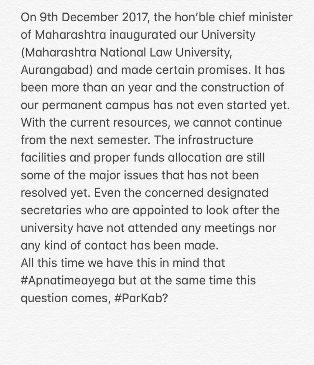 shatanikkale's tweet photo. The Govt should stop playing with the Edu Inst and stop making false promises.The status of an NLU should not be deteriorated. #MNLUAurangabad @CMOMaharashtra
@PrakashJavdekar @HRDMinistry @rsprasad
@OfficeOfRSP @TawdeVinod @ANI @the_hindu @ravishndtv https://t.co/Bxs0guYOHZ
