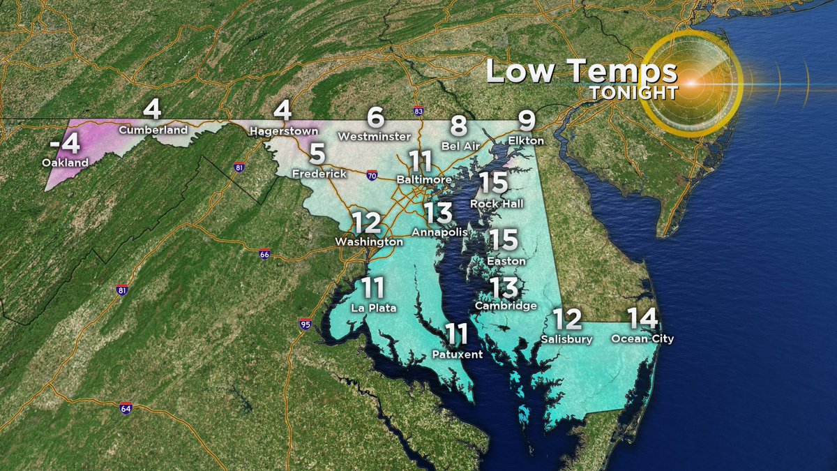 MegWJZ's tweet photo. Tonight's lows will be very similar to last night's. They won't feel quite as brutal though thanks to diminishing winds. #Baltimore had a wind chill low of -8ยฐ today! #SoRough https://t.co/fCyPIUm5p6