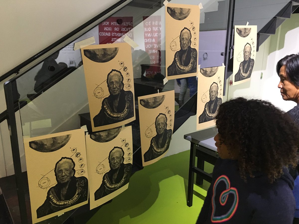 nhoskee's tweet image. Pop Up Math Play at @HPAC_chicago MLK Day of Reflection! Among other things, we got families watching Hidden Figures and making Katherine Johnson posters! #mtbos #iteachmath #cpsSTEM