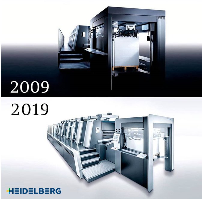 Heidelbergmx's tweet photo. Nuestras prensas Heidelberg tambien son parte del reto - Speedmaster XL 105 y Speedmaster XL 106. #tenyearchallenge #10yearslater #2009vs2019 https://t.co/FjVrRSugt5
