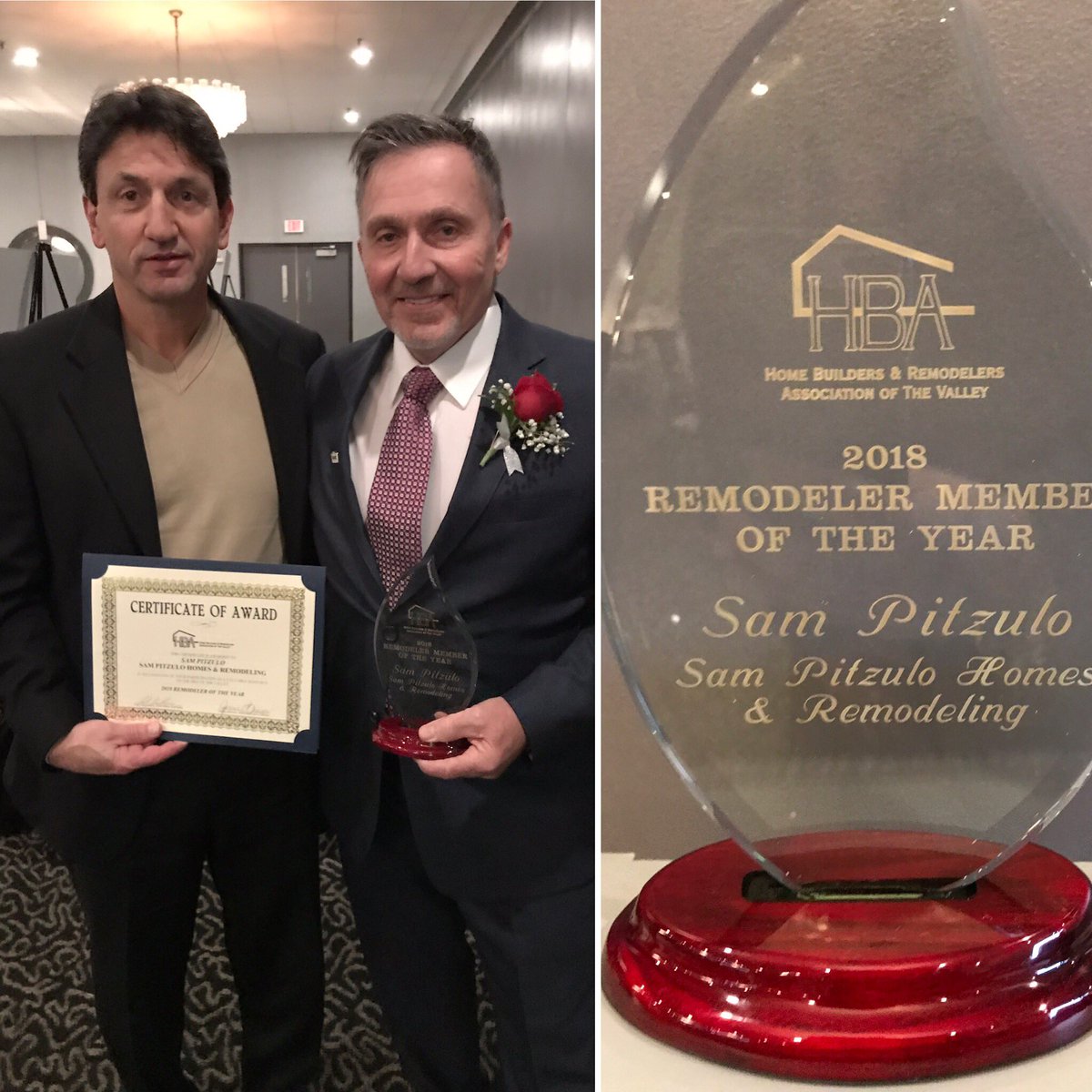 The HBA would like to congratulate SAM PITZULO for bring awarded the 2018 HBA REMODELER OF THE YEAR at the HBA Presidents Dinner! Congrats to Sam & his staff! @SamPitzuloHomes