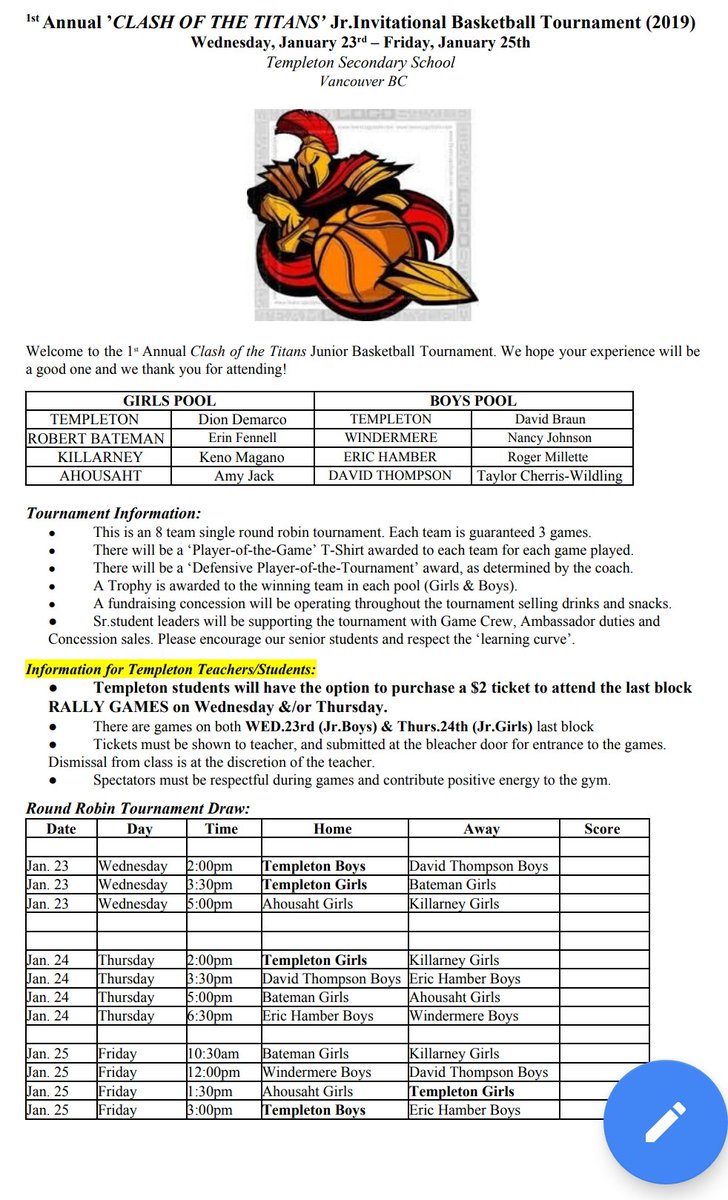 This week <a href="/TempletonVSB39/">Templeton Secondary</a> is hosting the #JuniorGirls &amp; #JuniorBoys 'Clash of the Titans' #Basketball #Tournament Wed Jan 23-Fri Jan 25 #youthathletics #sports #basketballtournament <a href="/InchEdu/">Kate Inch</a> <a href="/VSB39/">Vancouver School Board</a> #Vancouver <a href="/tempbasketball/">Templeton Basketball</a> #TempletonTitans Looking forward to these great games!