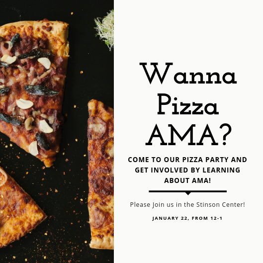 AMA_OU's tweet image. Welcome back everyone! We are excited to welcome you to our first event of the semester, a pizza party!! Come hungry to the Stinson Center tomorrow from 12-1 and enjoy some free pizza with us and learn about AMA! See you all there!