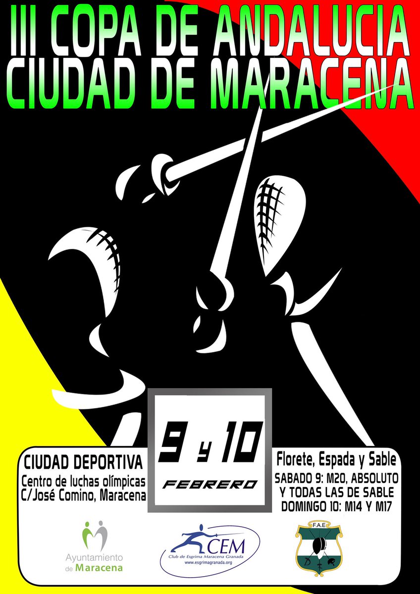 EsgrimaMaracena's tweet photo. III COPA DE ANDALUCÍA INFANTIL, CADETE Y JUNIOR, II COPA SENIOR
Sábado9 todas las categorías de sab y masc y fem de junior y senior para el flor y la espa
Domingo10 masc y fem infantil y cadete para el flor y la esp
#faesgrima #fencing #scherma #escrime #esgrimaandaluza #esgrima https://t.co/8aR6Gah8rK