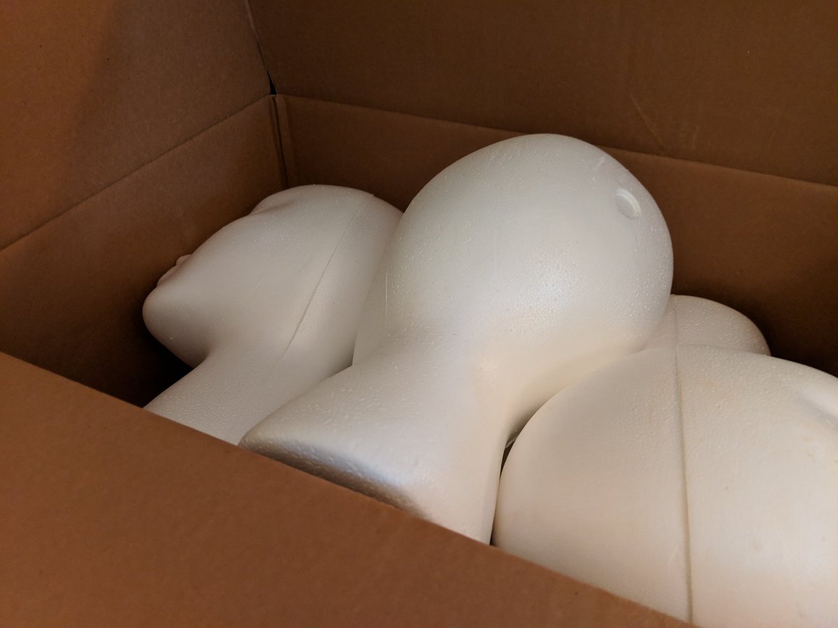 A cardboard box full of styrofoam heads.