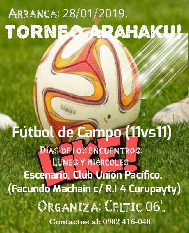 EXASanCristobal's tweet photo. Invitamos a todos los asociados a participar del Torneo Arahaku en modalidad Fútbol de Campo 11 vs 11 organizado por los amigos del equipo Celtic 06.

#ExaSanCristobal #AESC https://t.co/lejHOKM9Ra