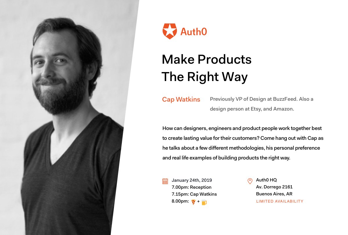 auth0's tweet photo. 📢 Designers and Product people in Buenos Aires 🇦🇷

Join us on Thursday for a very special meetup with @cap 👨‍🎨, former VP of Design at @BuzzFeed, as he shows us how to make products the right way.

RSVP 🍕🍻→  https://t.co/LAqumUiZfp https://t.co/J3t9GIPXSP
