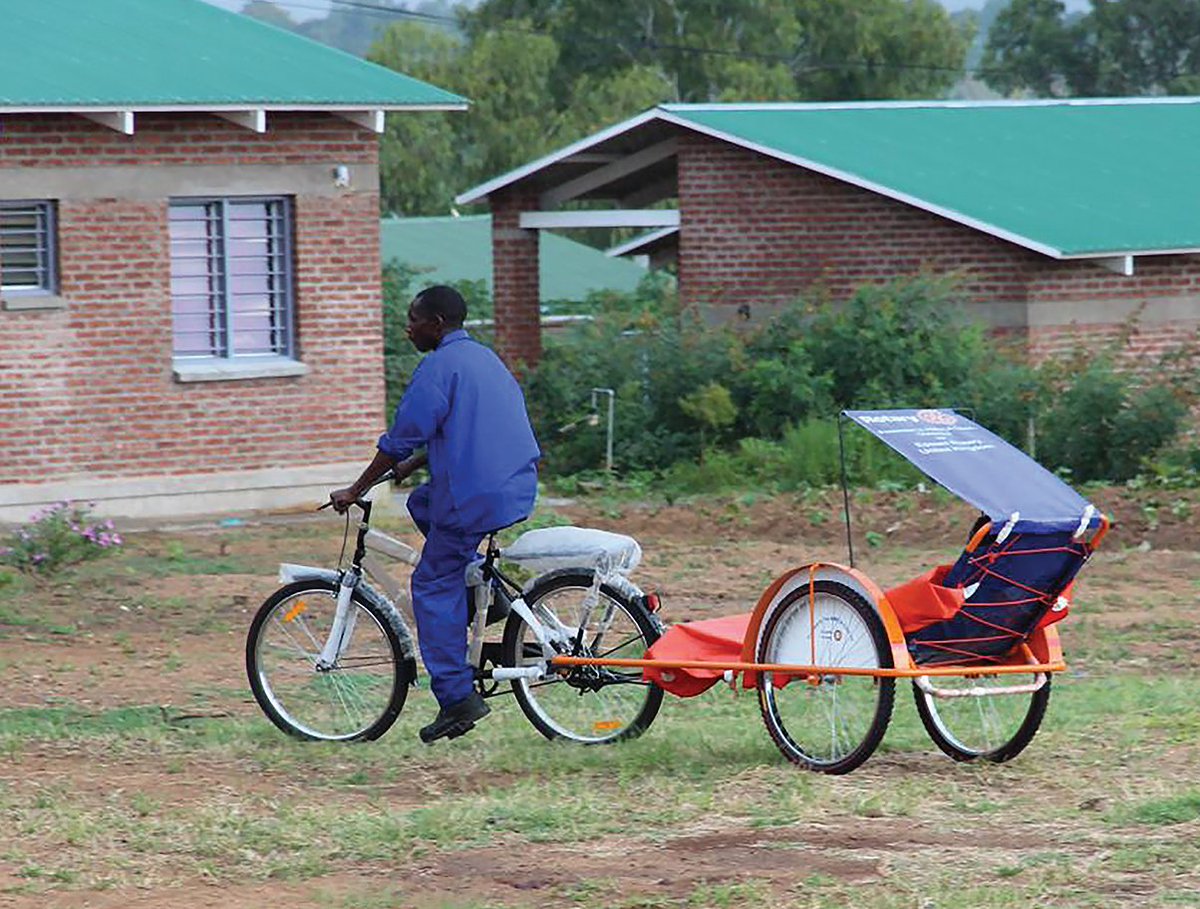 Rotary's tweet photo. After the death of Dr. Alex Coutselos, his mother wished to honor his memory. Together with her #Rotary club &amp; Ameca, a new outpatient clinic in #Malawi serves 5,000 people from 11 villages each month! #Bicycle ambulances can be deployed to help those in need. #peopleofaction https://t.co/N6bxbkja3r