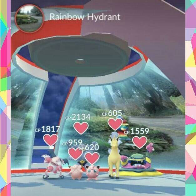 totalmonsense's tweet photo. “Rainbow hydrant gay theme: some fairies, muscle, and a shiny flaming unicorn, with toxic masculinity lurking behind. (Alolan Muk is also a scene queen)” 👑🌈🦄🧚♂️🧚✨🏳️🌈 By singleemu on IG. 😂😂😂 #gaytheme #pridetheme #gymnametheme #pokemongo #themegym #teamvalor https://t.co/Q93wyeHrly