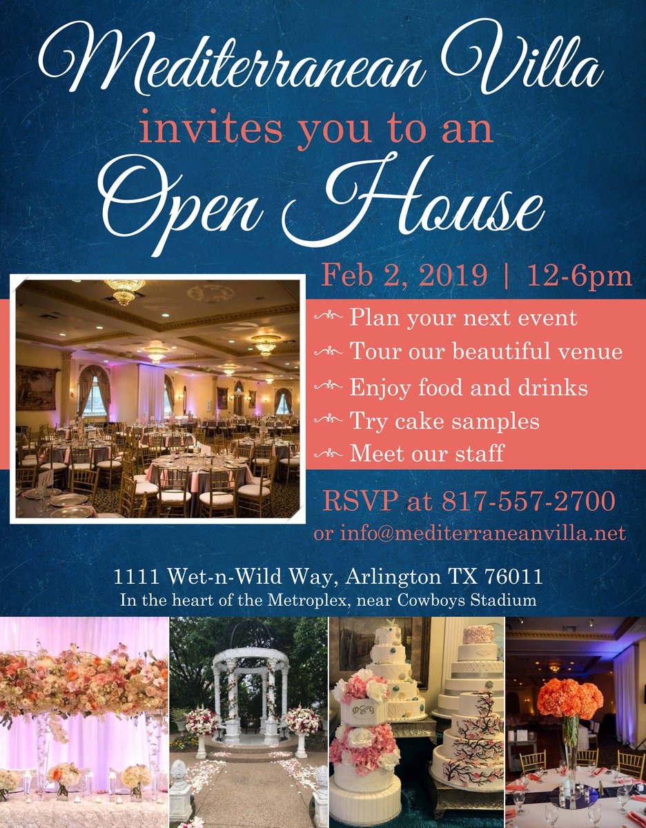 Mark your calendars! Our BIGGEST open house of the year is on Sat, Feb 2nd. You won't want to miss it! Enjoy food, drinks, and cake samples. RSVP today at 817-557-2700 or info@mediterraneanvilla.net

You can also get your FREE tickets on Eventbrite: eventbrite.com/e/open-house-t…