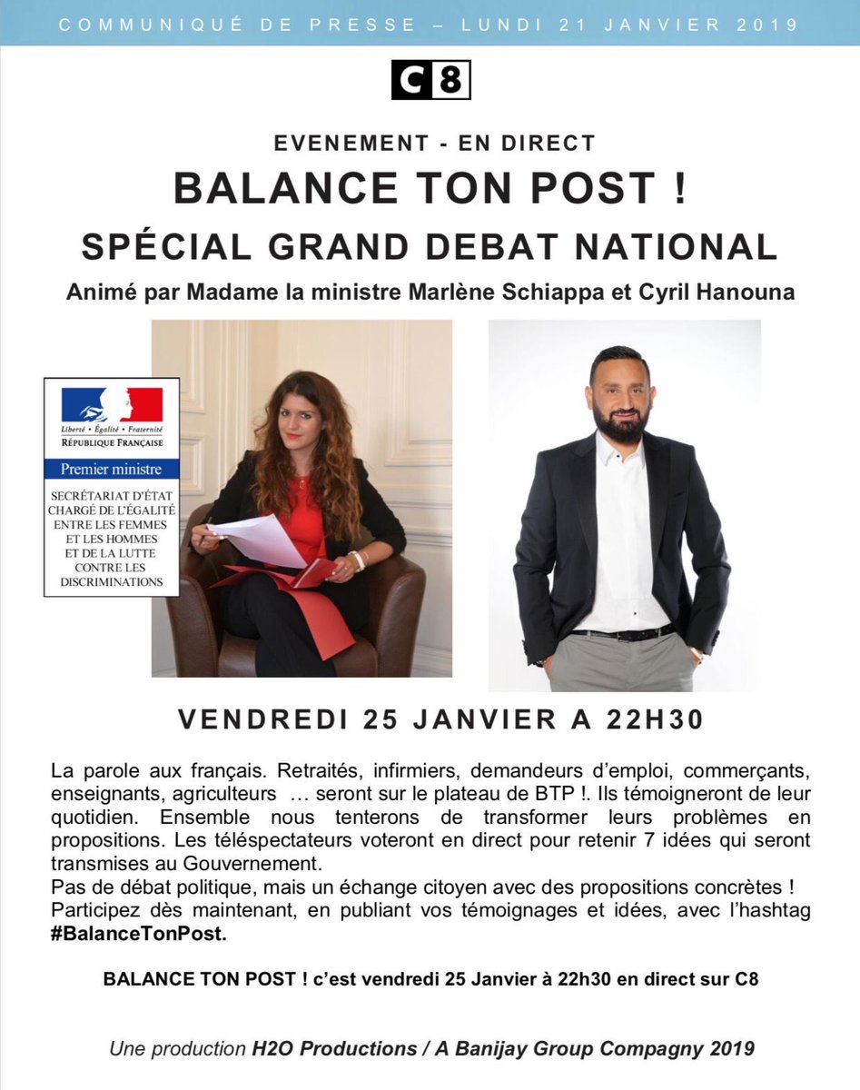 BalanceTonPost's tweet image. Soirée exceptionnelle vendredi soir sur @C8TV à partir de 22h30. @MarleneSchiappa co-animera #BalanceTonPost en direct avec @Cyrilhanouna