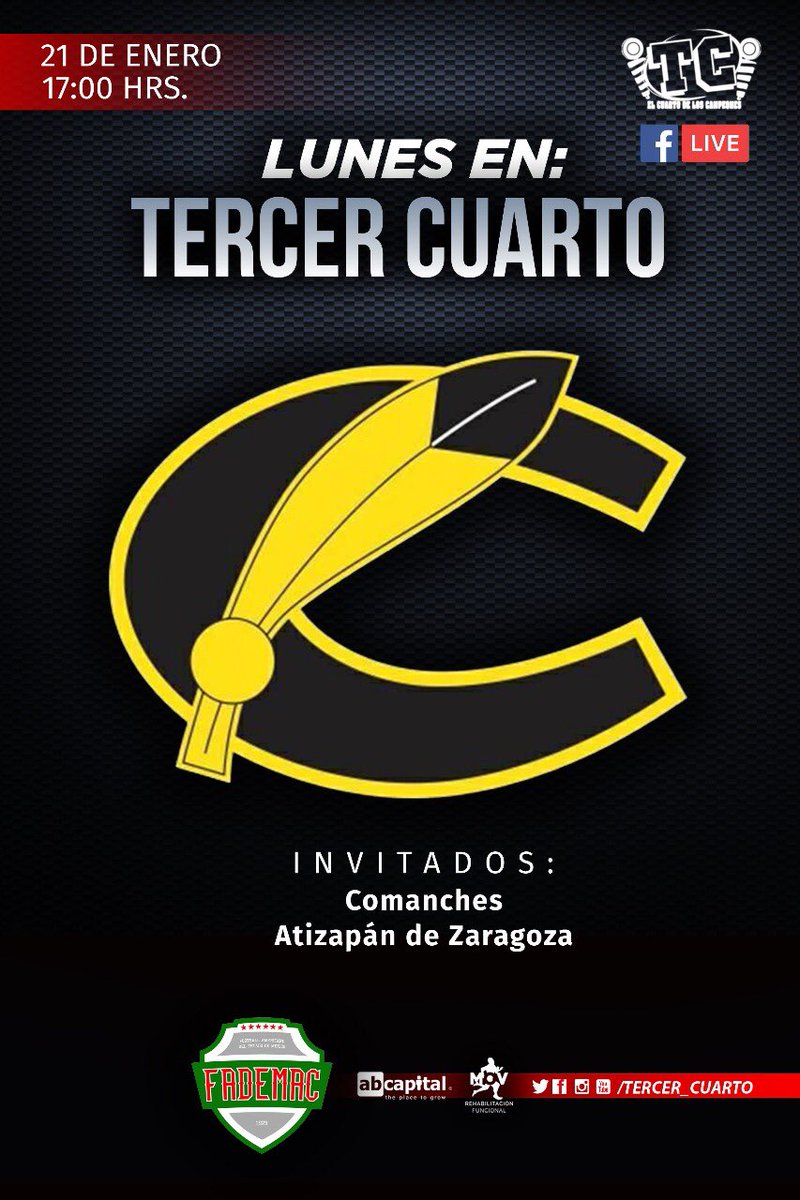 HOY 5:00 PM POR 🎥 Facebook.com/TercerCuarto 

📋 Lunes de @FADEMACoficial en <a href="/Tercer_Cuarto/">Tercer Cuarto</a> 

EQUIPO INVITADO: 🏹 <a href="/CD_Comanches/">Comanches</a> 

#FelizLunes 😄
#HablemosDeFootball 🗣️🏈