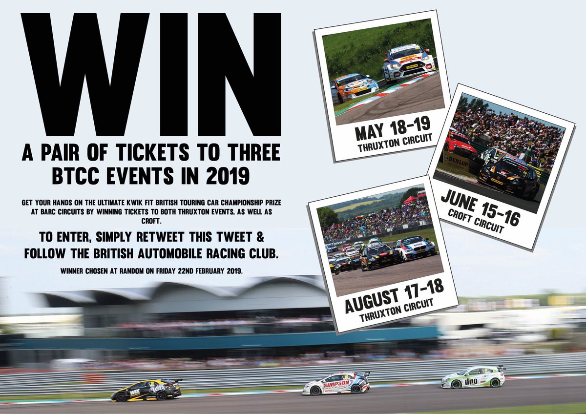 OfficialBARCHQ's tweet photo. 💥 WIN @BTCC TICKETS TO @thruxtonracing &amp; @Croft_Circuit 💥

We’ve got the ultimate #BTCC prize up for grabs with weekend tickets to three 2019 events to give away 🚗💨

To enter, FOLLOW @OfficialBARCHQ &amp; RETWEET [Winners chosen at random on 22/2/19] #BTCC https://t.co/EvDjQ5fW2c