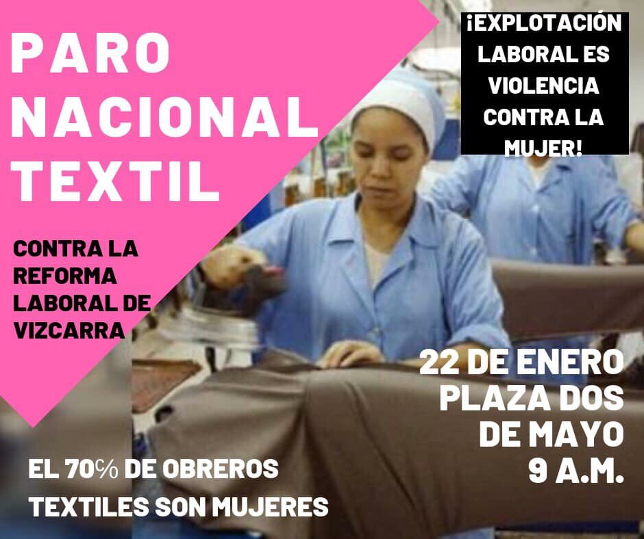 NUMSTLosOlivos's tweet photo. Estamos con las obreras textiles quienes se levantan en contra de la #LeyLaboraldeExplotación
HOY 3pm: PLANTÓN en el @MTPE_Peru 
Hoy 6PM: Conferencia de Prensa en la Federación Textil.

MAÑANA: MARCHA CONTRA LA REFORMA LABORAL DE EXPLOTACIÓN 
#NiUnaMenos #ParoNacionalTextil https://t.co/MBIeM3tpgy