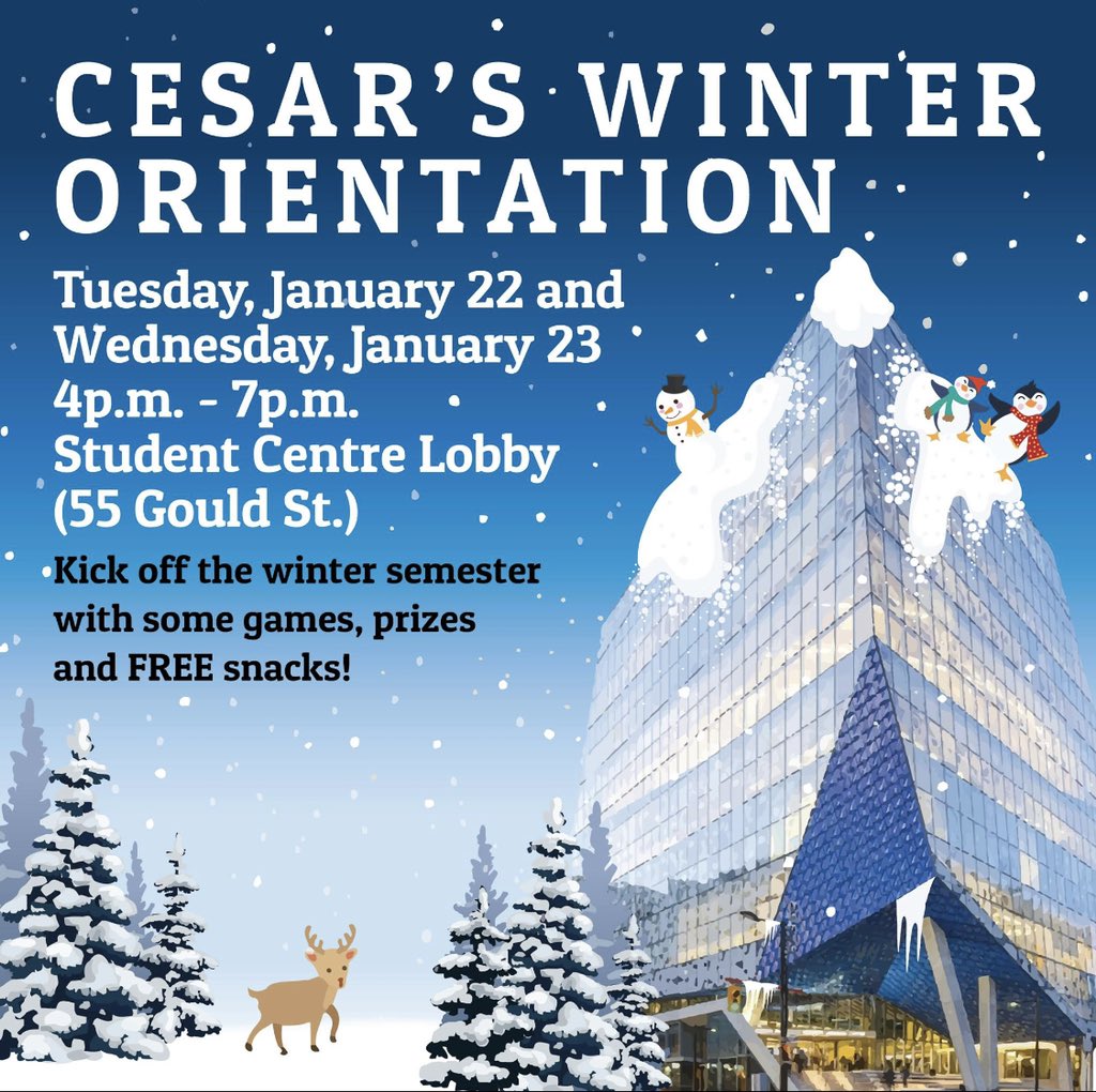 Tomorrow we will be celebrating our annual Winter Orientation! Kick off the new semester &amp; year with some fun games, awesome prices, and FREE snacks! #torontoweather #freezingcold <a href="/RyersonU/">Ryerson University</a>