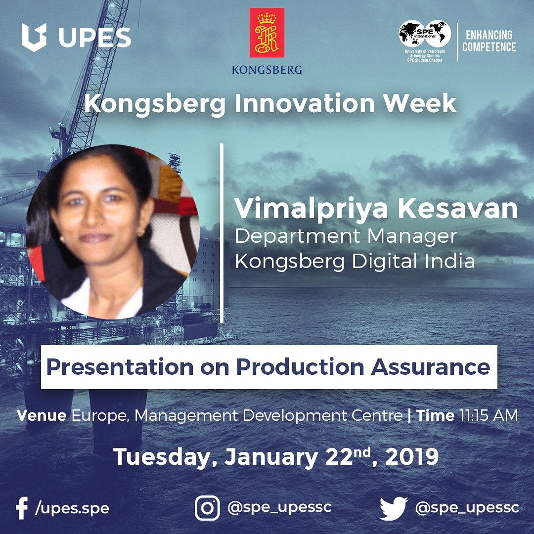 spe_upessc's tweet photo. KIW Update: Agenda for Tomorrow

Ms. Vimalpriya Kesavan is going to share her immense experience on the topic 'Production Assurance'.
Be a part of this enthralling session at 11:15 A.M in Europe, MDC!

#OurKognifai #Kongsberg #KongsbergDigital #KDI #Kognifai #KDIIndia #UPES_SPE https://t.co/FB8L2Zibgy