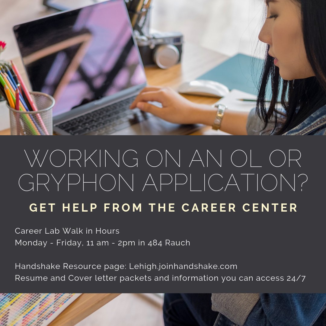 Get help with your OL or Gryphon application before the deadline! Come in to Career Lab (weekdays, 11 am - 2pm) and check out the Handshake resource page 24/7 for resume and cover letter assistance:bit.ly/2HkEsNs
