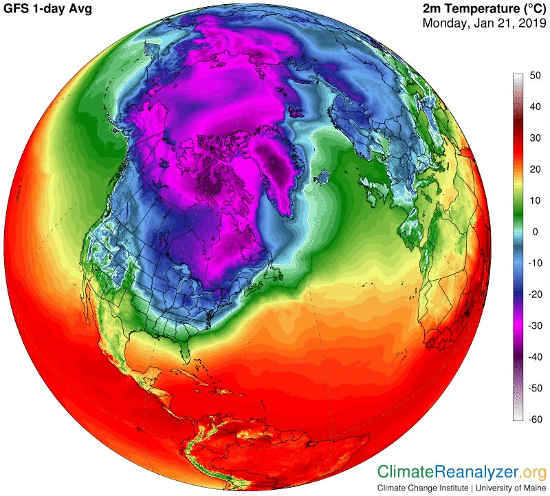 Earth is anomalously warm today, but North America is cold. A huge blob  of icy Arctic air, usually corralled up north by the polar vortex, has  escaped and moved south. You can check the data here: cci-reanalyzer.org/wx/DailySummar… … Is this becoming more common, and why? /1