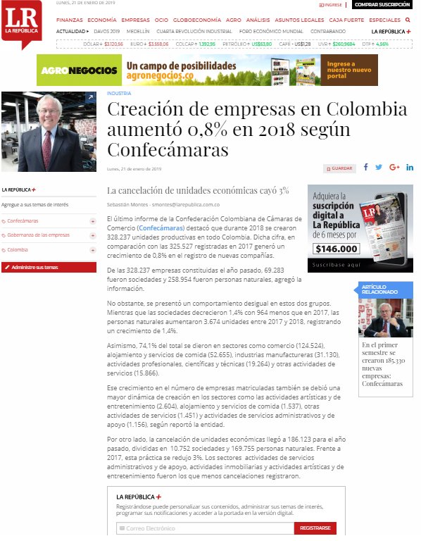 Confecamaras's tweet photo. "Creación de empresas en Colombia aumentó 0,8% en 2018 según Confecámaras": vía @larepublica_co . Lea la noticia completa en https://t.co/lSAykSuznz https://t.co/Az2kqX6kCx