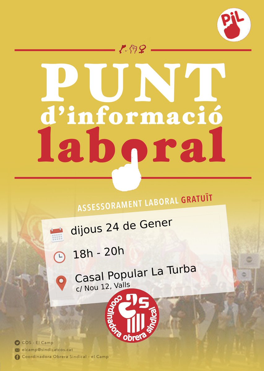 COS_elCamp's tweet photo. No et quedis amb el dubte, vine i pregunta el q et calgui Punt d'Informació Laboral Aquest dijous 24 de gener d 18h a 20h al casal popular @laturbavalls #PIL #SomClasseTreballadora #SomPoderPopular https://t.co/in15KwalPh