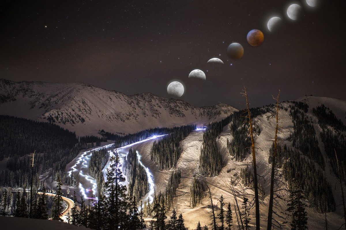 Arapahoe_Basin's tweet photo. Did you see the Super Blood Wolf Moon eclipse last night? @TrippFayPhoto captured a spectacular composite image of it over A-Basin. #ABasin #TheLegend #superbloodwolfmoon https://t.co/sDeEKfUP9f