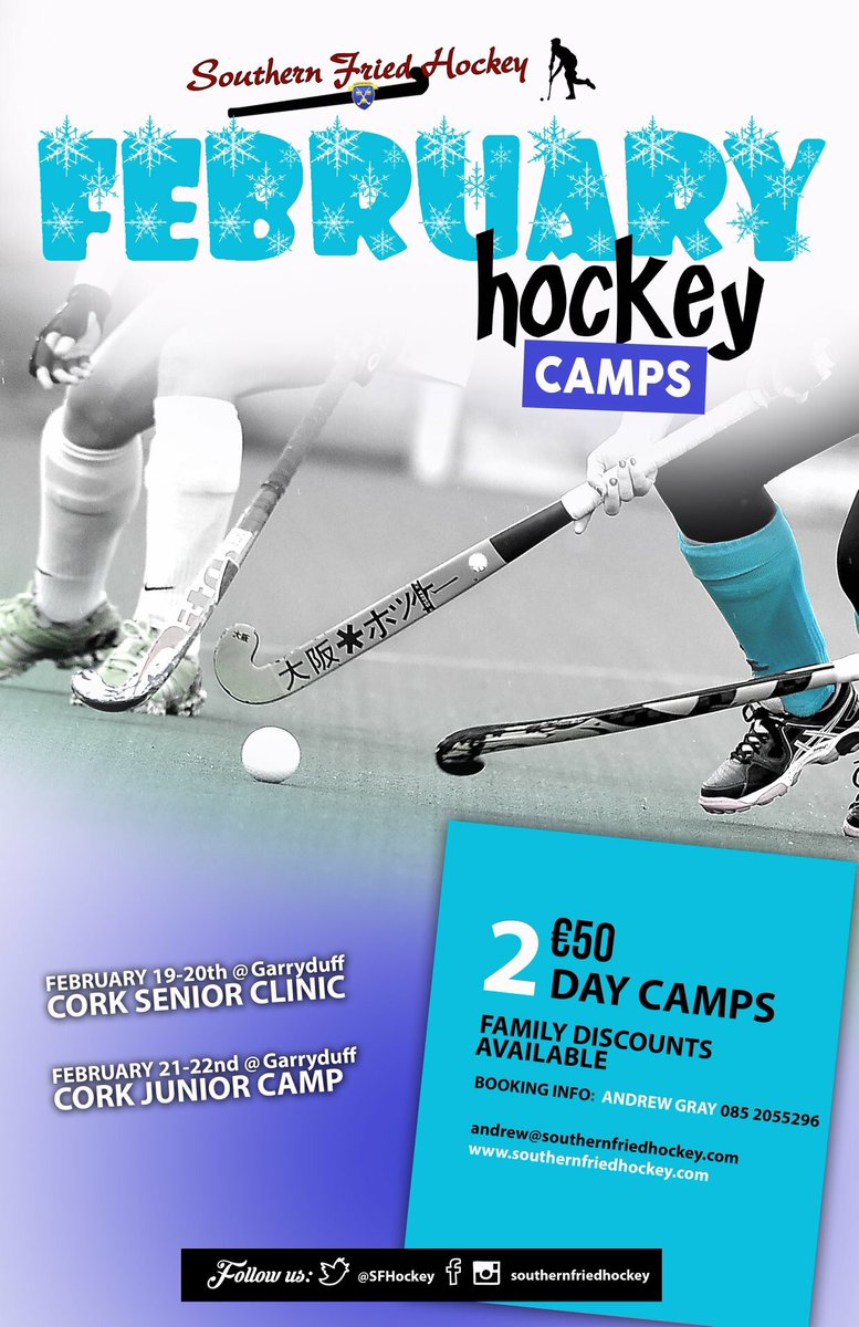 ❄️ February Midterm Camps ❄️

Senior Clinic - Tues 19th &amp; Wed 20th February 
Junior Camp - Thurs 21st &amp; 22nd February
11am - 3pm in Garryduff Sports Centre

Book online or via email to Andrew
southernfriedhockey.com/camps/