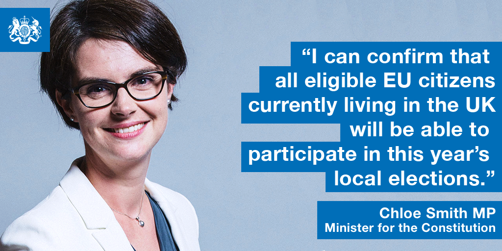 cabinetofficeuk's tweet photo. Eligible EU citizens currently living in the UK will be able to participate in May's local elections.

We are working to ensure British expats living in the EU receive these democratic rights in turn and just this morning signed a treaty with Spain:
https://t.co/hjo12mzuWF https://t.co/MgVs9W5aEI