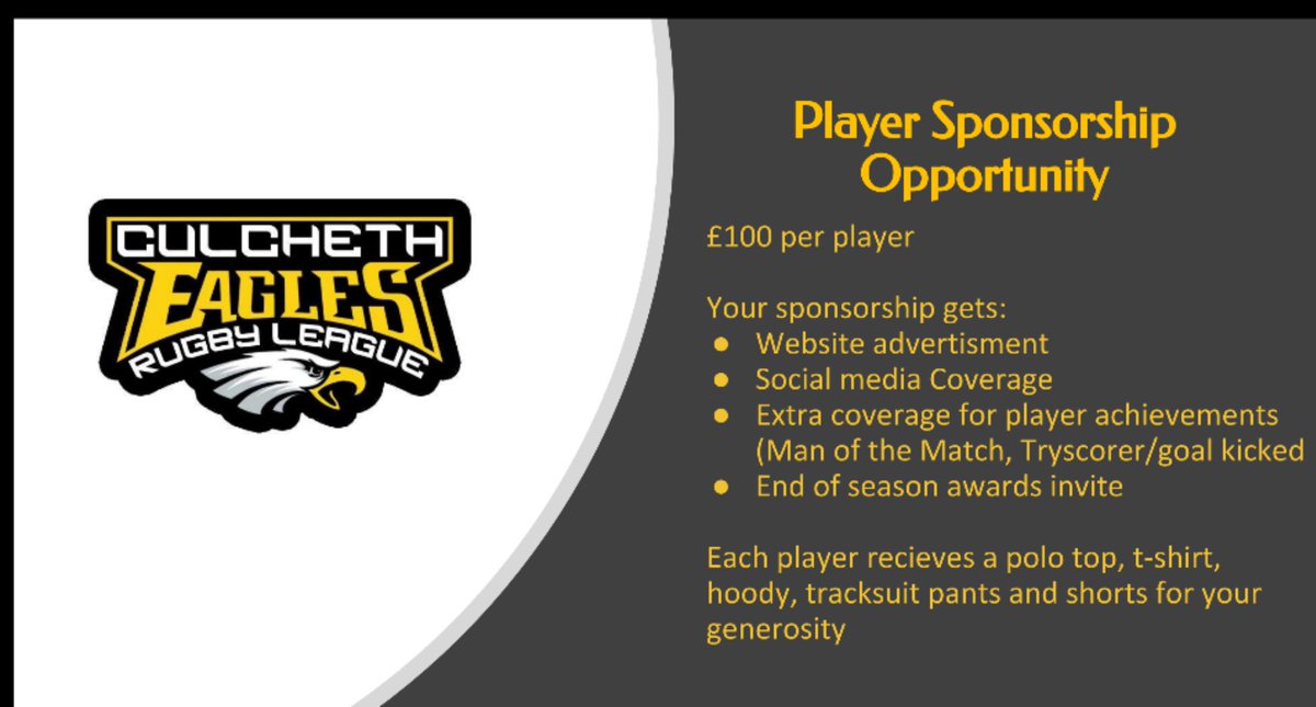 CulchethEagles's tweet photo. Our open age are looking for player sponsors for 2019. If you can help out please get in touch. Your sponsorship will go a long way. Thanks in advance

#eagles
#nwml
#RugbyLeague https://t.co/WSG00WVpJE