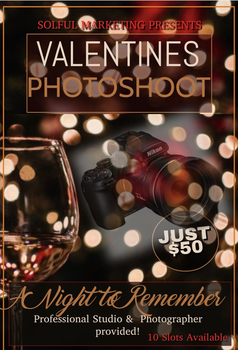 SolfulM's tweet photo. Do you and your #Valentine need some professional photos to commemorate Valentines Day 2019?
Take advantage of Solful Marketing's Valentines #Powershoot. 1 Day, 10 slots available . Just $50 ! Contact us today to secure your spot ☀️😁🎥
#atlproduction #photoshoot #dope #potd https://t.co/XmavEg5z9p