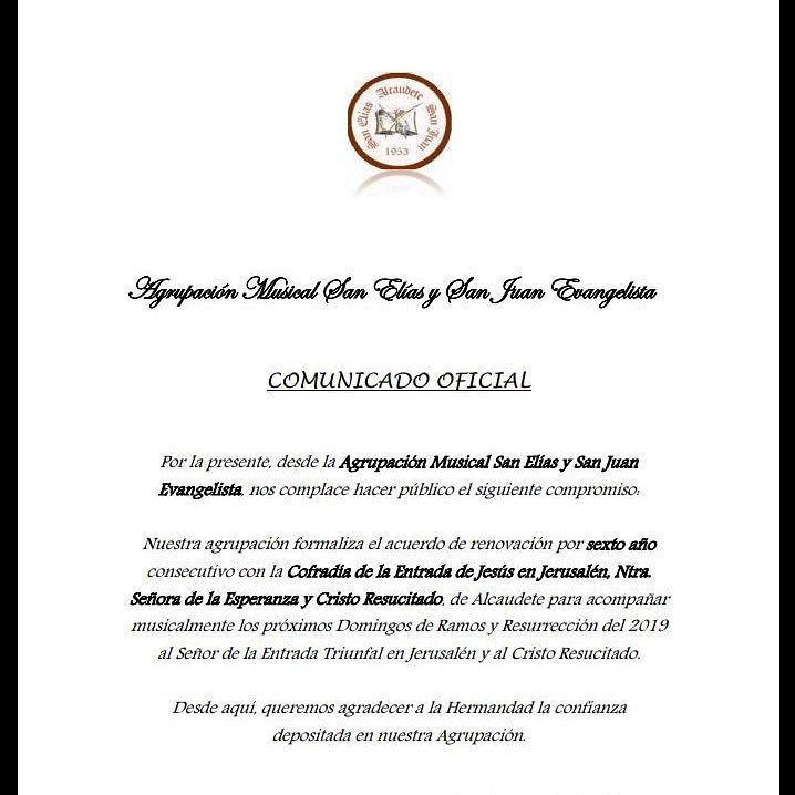 COMUNICADO OFICIAL.

Nuestra Agrupación hace publico la renovación por 6to año consecutivo con la Cofradía de la Entrada de Jesús en Jerusalén, Ntra Señora de la Esperanza y Cristo Resucitado.

Desde nuestra formación agradecemos a la hermandad la confianza puesta en nosotros