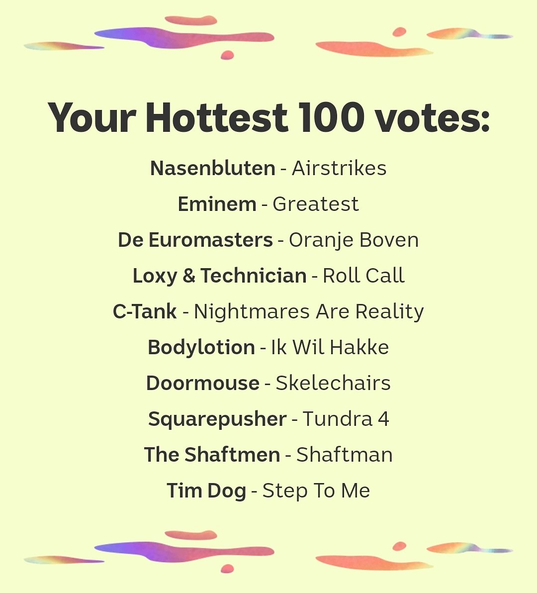 jgillett71's tweet photo. Finally some decent votes..... #JJJ #TripleJ #Hottest100 #Nasenbluten #Eminem #DeEuromasters #Loxy #Technician #CTank #Bodylotion #Neophyte #Doormouse #Squarepusher #TheShaftmen #TimDog https://t.co/1GUhKdo4bF