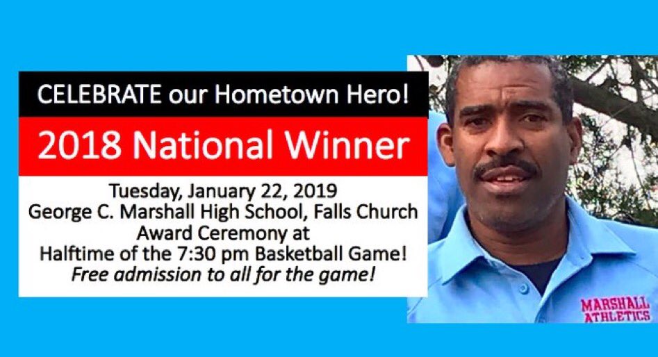 DURING TOMORROWS HOME VARSITY BASKETBALL GAME AGAINST FALLS CHURCH, COACH GENERAL’S HOMETOWN HERO AWARD CEREMONY WILL TAKE PLACE DURING HALFTIME!!! GAME STARTS AT 7:30 AND ADMISSION IS FREE! THE WHOLE MARSHALL COMMUNITY SHOULD BE THERE TO CELEBRATE COACH G! ITS A BLUE OUT🥶🧢🦋🐳