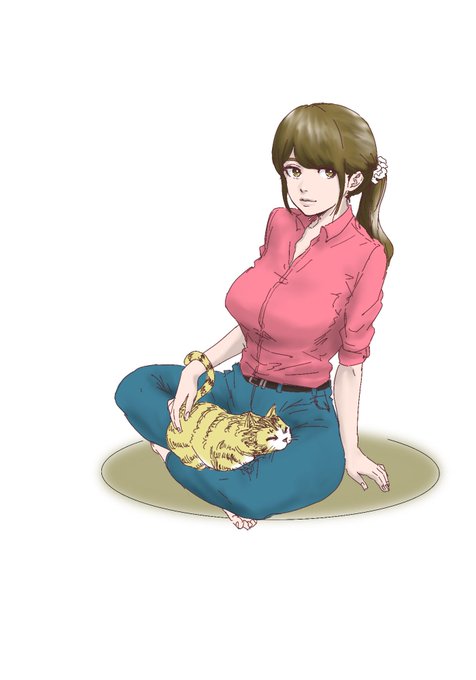 お題箱頂いたピンクのワイシャツ袖まくりシャツインジーパンポニーテール巨乳美女と猫と女性合わせ技ですがご勘弁を。 