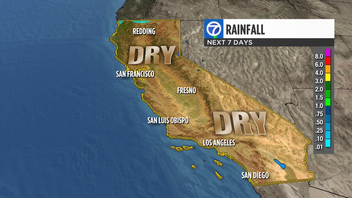 DrewTumaABC7's tweet image. Next 7 days across California, storms take a break. ☀️ #DryingOut