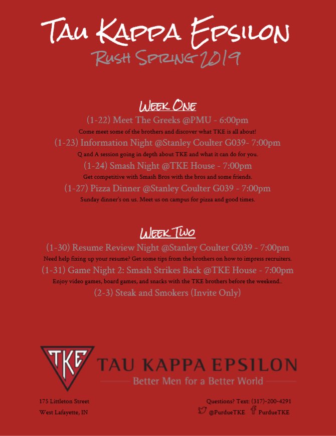 It's that time of the semester - rush starts tomorrow with Meet the Greeks at 6 in the Union. Come find us there to learn what TKE is all about!