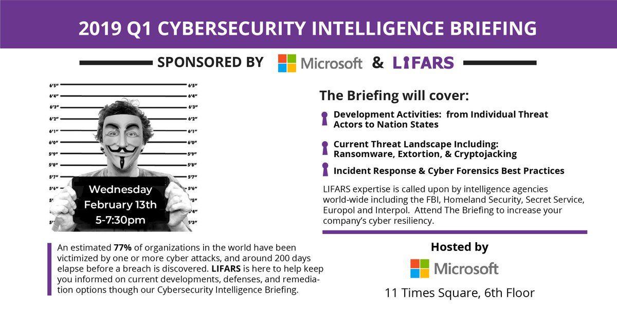 Saenz_says's tweet photo. Exciting event I'm working on: 2019 Q1 #Cybersecurity #Intelligence Briefing, sponsored by @Microsoft &amp; @LIFARSLLC, will be hosted at #Microsoft's #TimesSquare HQ --limited to 50 #CISO #CIO &amp; other Sr Lvl #IT Execs. Details/Register:  https://t.co/eyqLnxrqX3 #DataBreach #InfoSec https://t.co/durlucukYX
