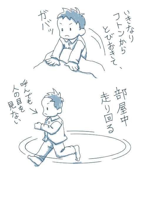 Hitomisaba 息子のインフルエンザによる熱せん妄の様子 必ず寝起き 怖いぐらい何度も奇声をあげる 意味のわからない言動 走り回る インフルで寝ている時は絶対目を離してはダメ これは解熱剤もタミフルも服用していない時に起こりました 飛び降り事故